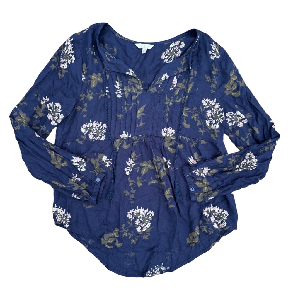 Lucky Brand | Blue Floral Long Sleeve Split Neck Blouse